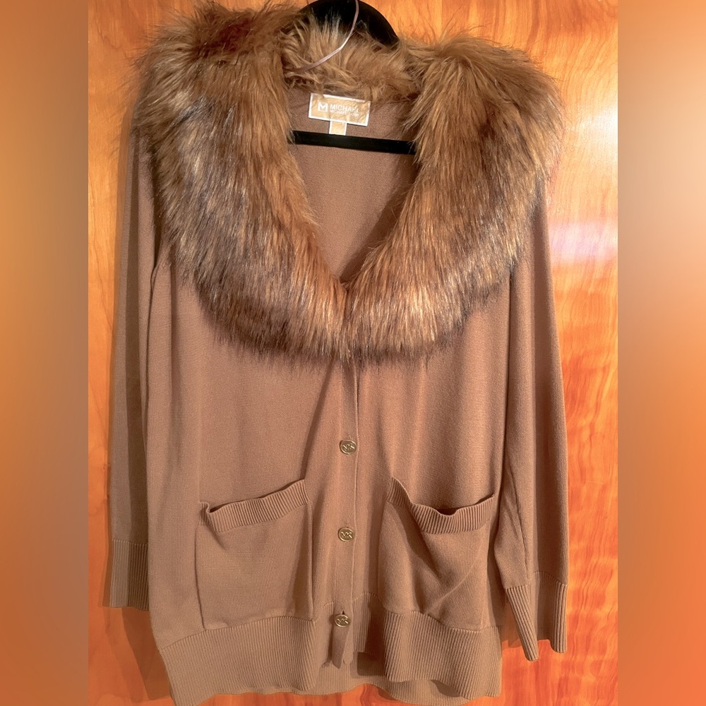 Michael Kors Brown Cardigan with Faux Fur Collar